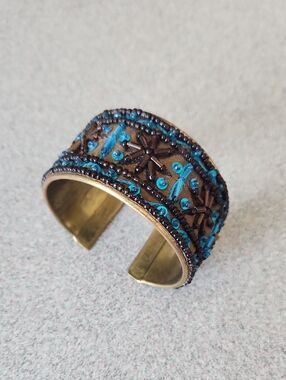 Handcrafted Turquoise Beaded Brass Cuff Bracelet